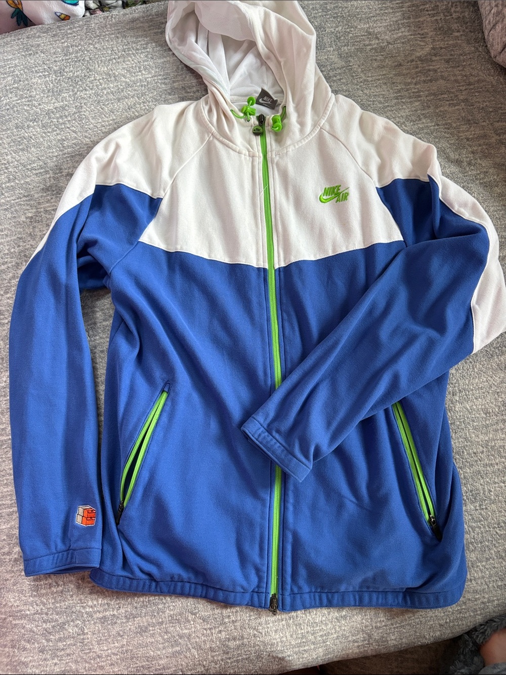 Nike Blue and White Zip-Up Hoodie with Neon Green Accents